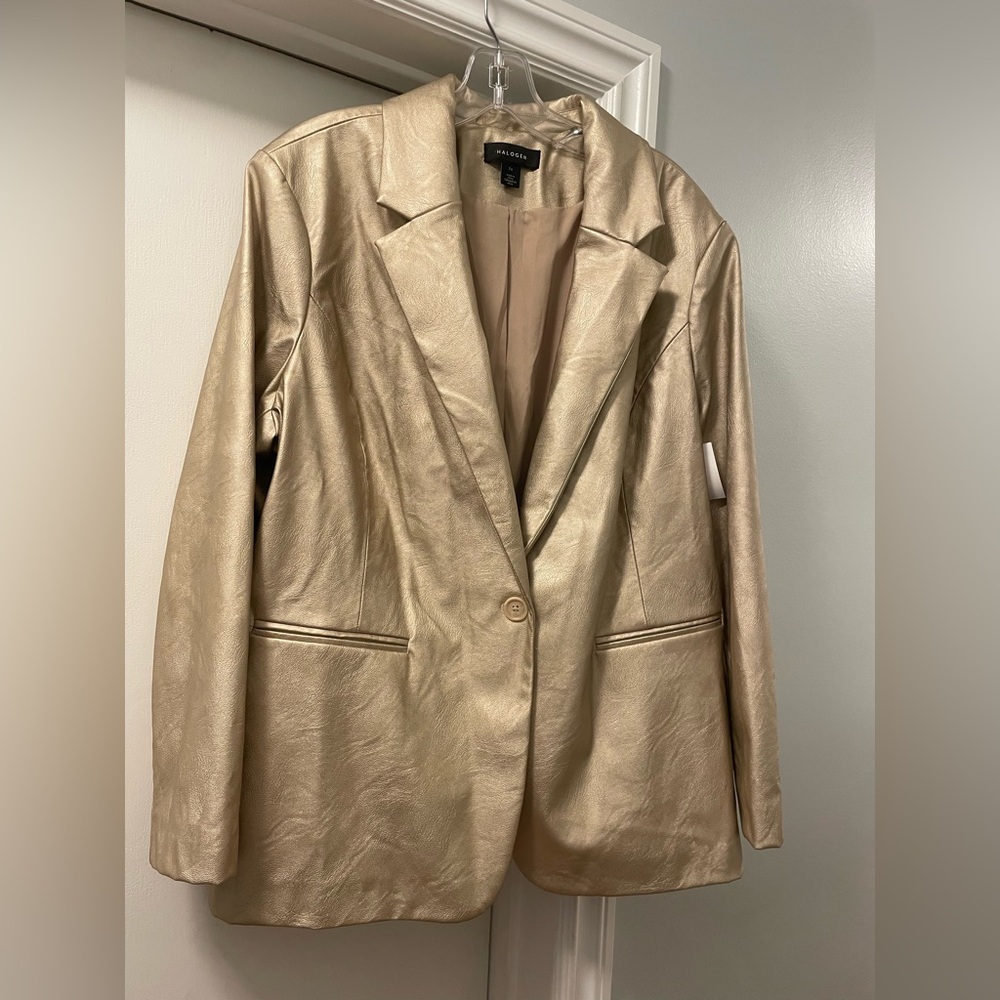 NWT Halogen Faux Leather Suit - 1X Blazer & 14W Pants inseam 26" - Gold Metallic - Picture 2 of 12